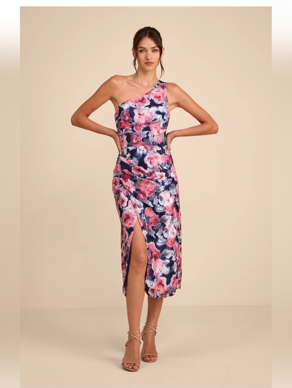 Jemmilah Navy Floral Textured One-Shoulder Midi Dress